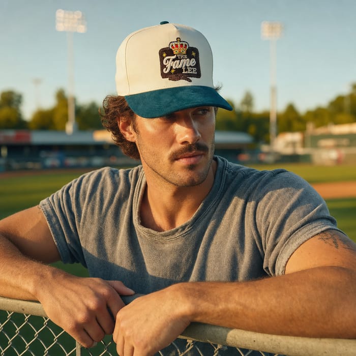 Cream baseball cap with patch by The Fame Lee Clothing