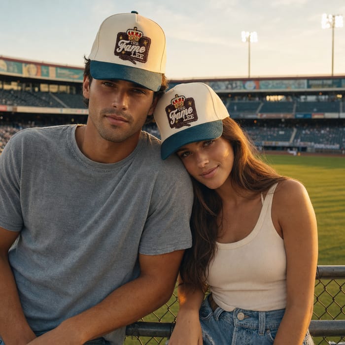 Cream baseball cap with patch by The Fame Lee Clothing